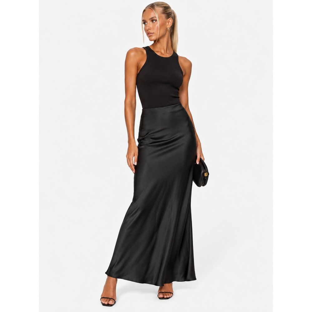 Zara Black Satin Slip Long Skirt Side Zip Size XS NWT New